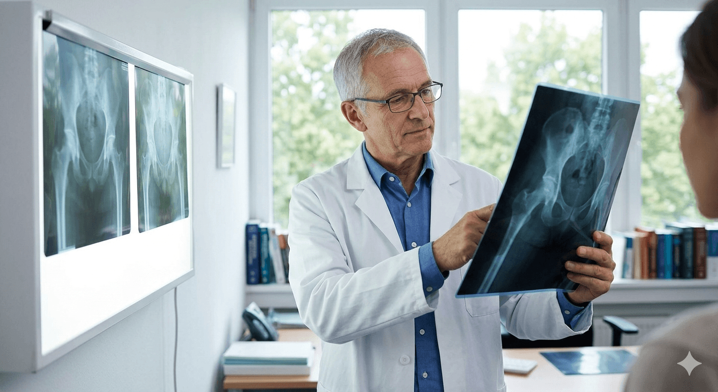 Reviewing hip X-rays during an orthopaedic consultation