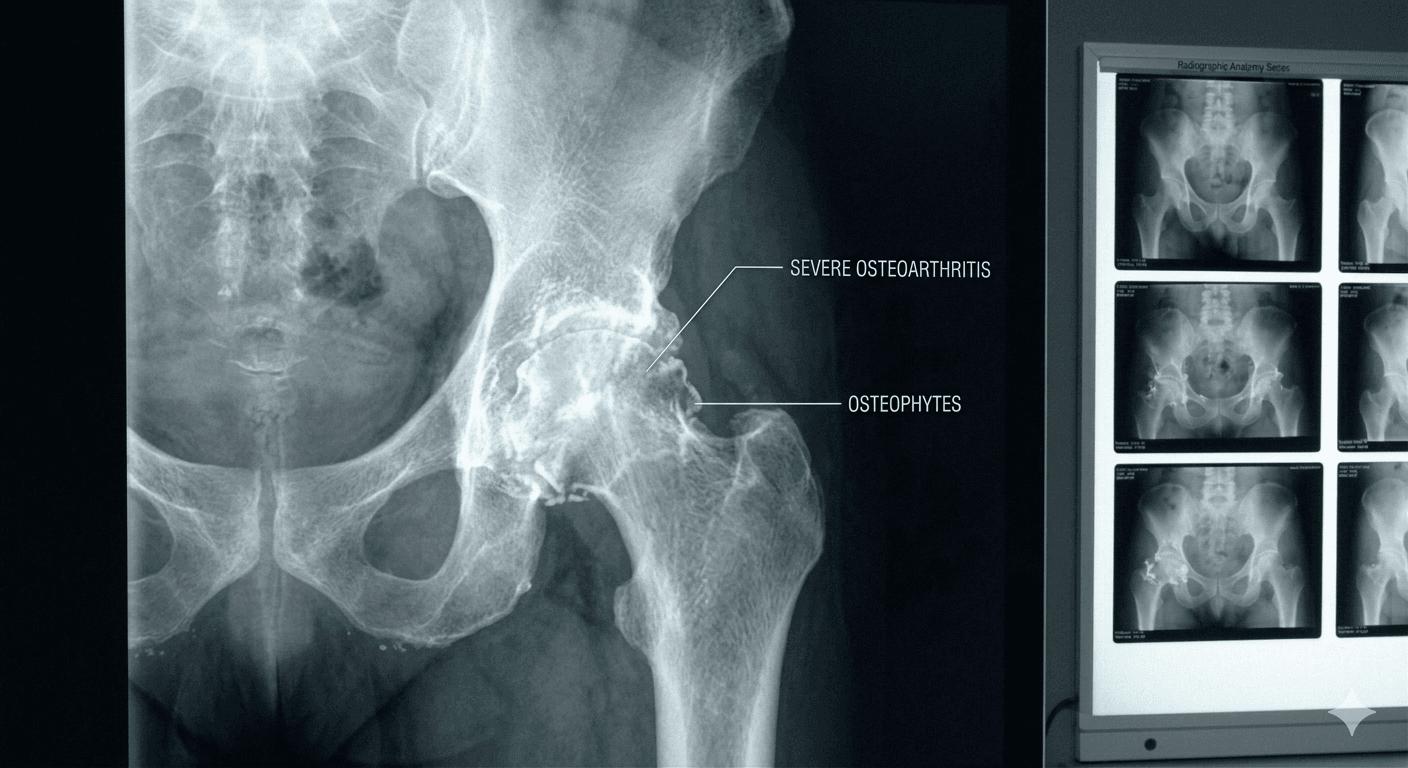 Hip replacement implant and radiographic planning
